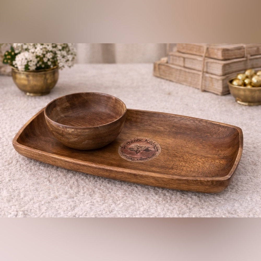 🪵 Vintage Monkey Pod Wood Bowl & Tray Set – Authentic Kitchen Acacia Collection
